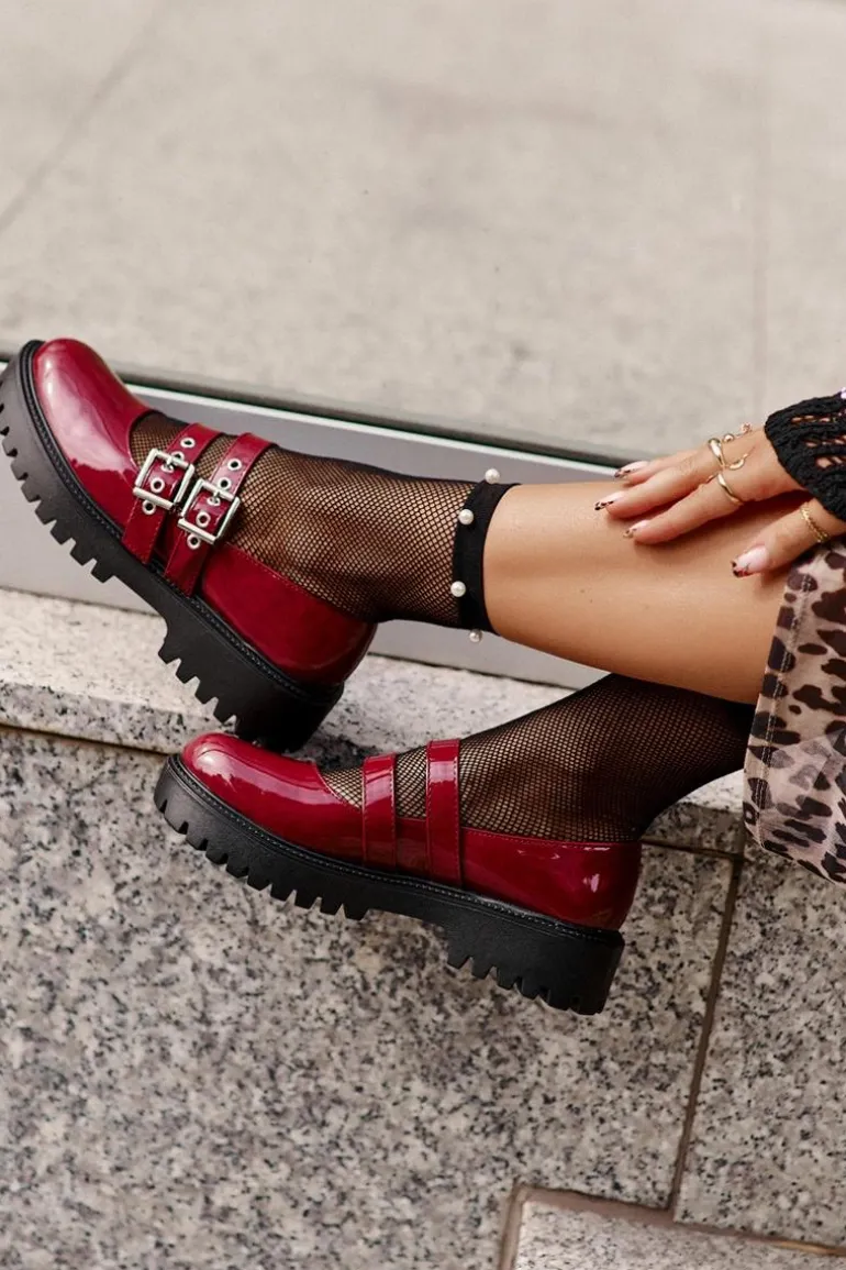 Półbuty Damskie Z Paskami Lakierowane Bordowe Terione