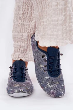 Półbuty Damskie Ze Skóry Naturalnej Wzorzyste Artiker 56C2691 Niebieskie