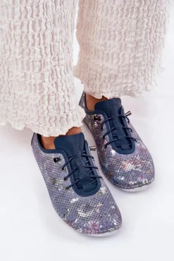 Półbuty Damskie Ze Skóry Naturalnej Wzorzyste Artiker 56C2691 Niebieskie