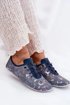 Półbuty Damskie Ze Skóry Naturalnej Wzorzyste Artiker 56C2691 Niebieskie