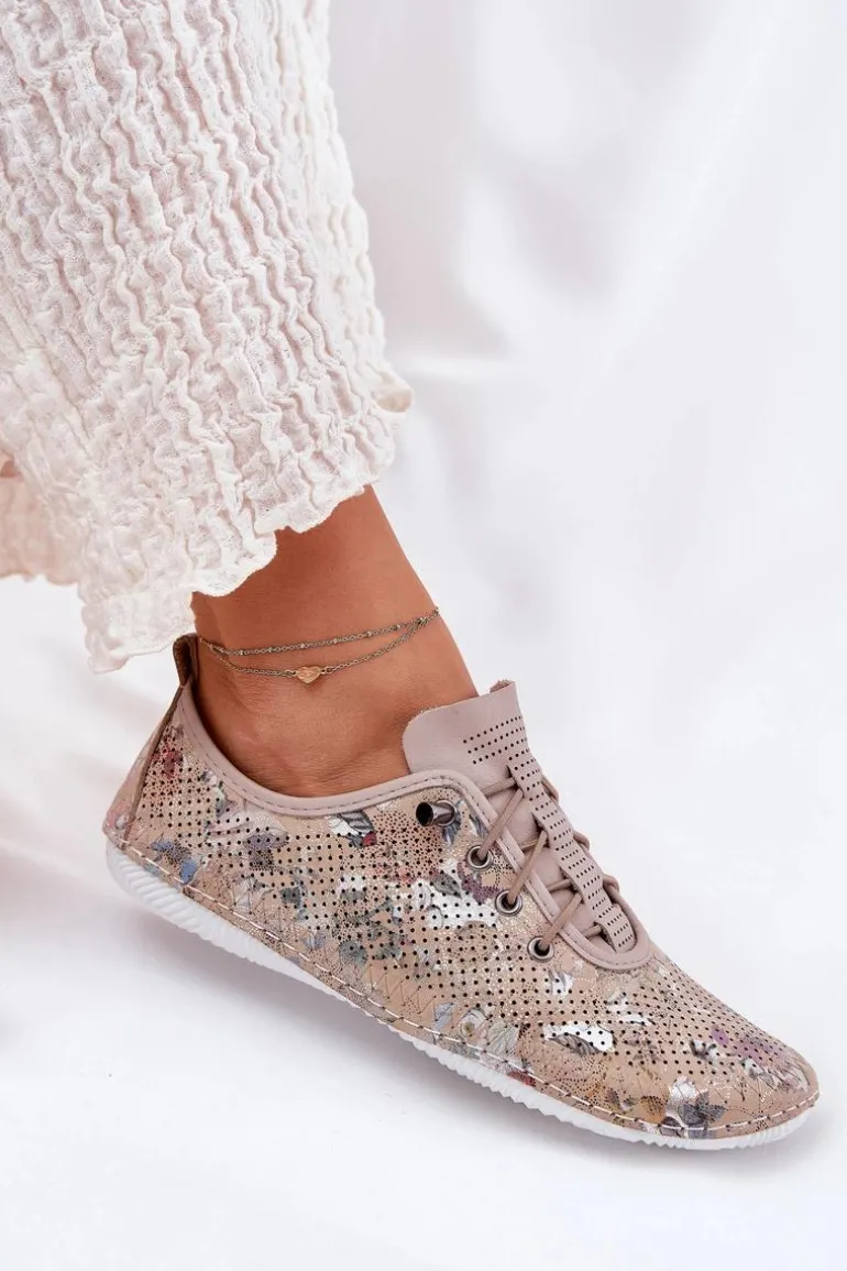 Półbuty Damskie Ze Skóry Naturalnej Wzorzyste Artiker 56C2689 Beżowe