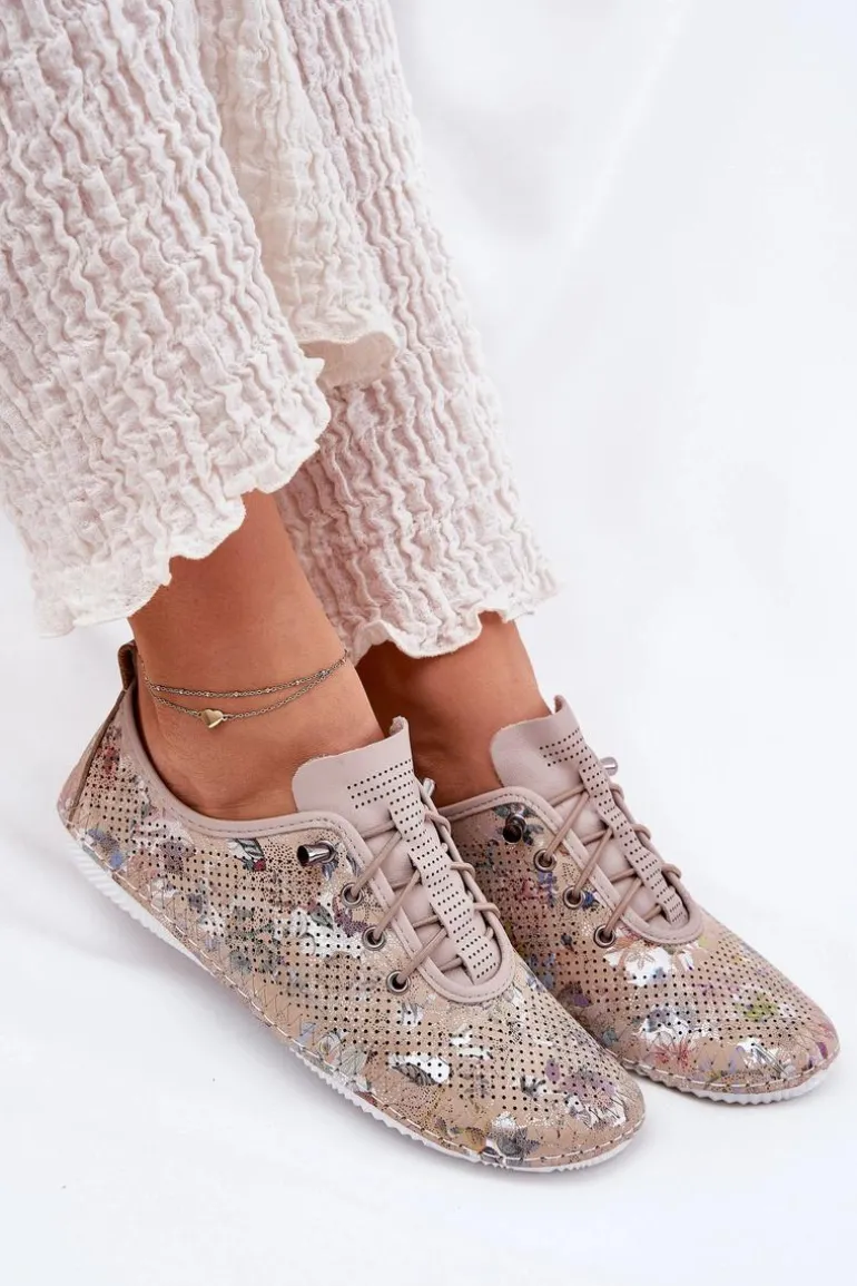 Półbuty Damskie Ze Skóry Naturalnej Wzorzyste Artiker 56C2689 Beżowe