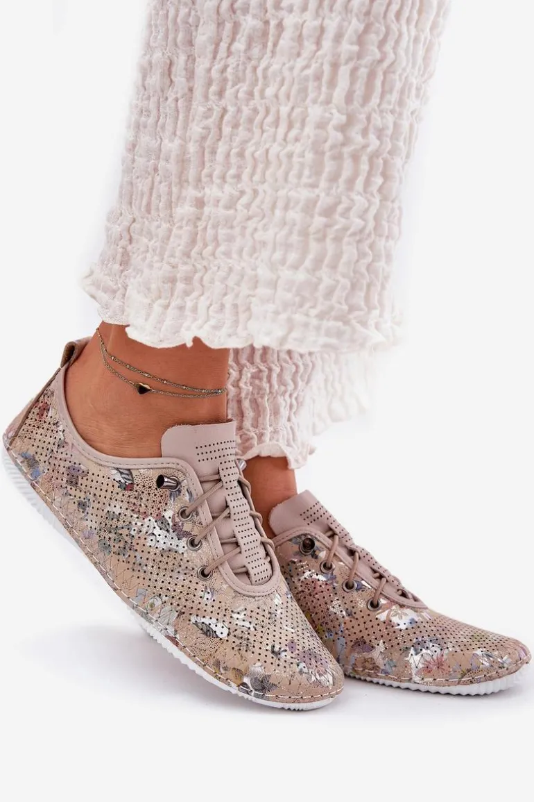 Półbuty Damskie Ze Skóry Naturalnej Wzorzyste Artiker 56C2689 Beżowe