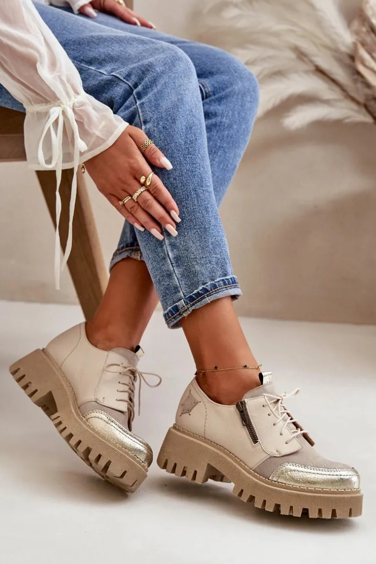 Półbuty Damskie Ze Skóry Naturalnej Beżowe Maciejka 06177-04