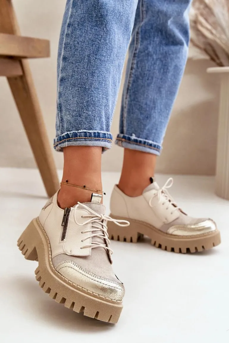 Półbuty Damskie Ze Skóry Naturalnej Beżowe Maciejka 06177-04