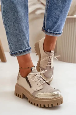 Półbuty Damskie Ze Skóry Naturalnej Beżowe Maciejka 06177-04