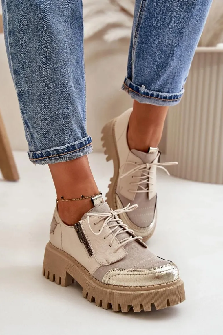 Półbuty Damskie Ze Skóry Naturalnej Beżowe Maciejka 06177-04