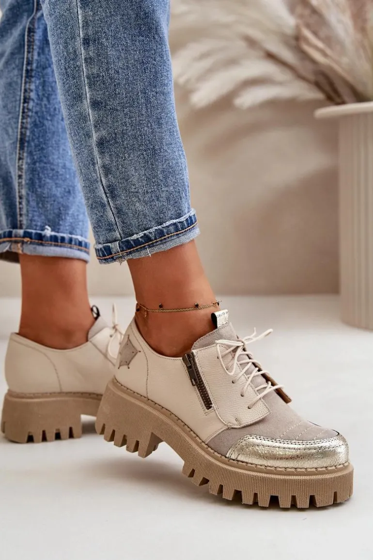 Półbuty Damskie Ze Skóry Naturalnej Beżowe Maciejka 06177-04