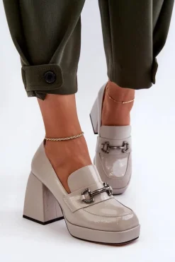 Półbuty Lakierowane Damskie Na Słupku Szare D&A MR38-906