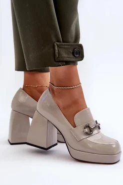 Półbuty Lakierowane Damskie Na Słupku Szare D&A MR38-906