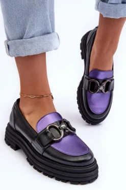 Półbuty Loafersy Damskie Skórzane Na Płaskim Obcasie Czarno-Fioletowe Elkiza