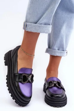 Półbuty Loafersy Damskie Skórzane Na Płaskim Obcasie Czarno-Fioletowe Elkiza