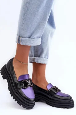 Półbuty Loafersy Damskie Skórzane Na Płaskim Obcasie Czarno-Fioletowe Elkiza