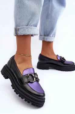 Półbuty Loafersy Damskie Skórzane Na Płaskim Obcasie Czarno-Fioletowe Elkiza