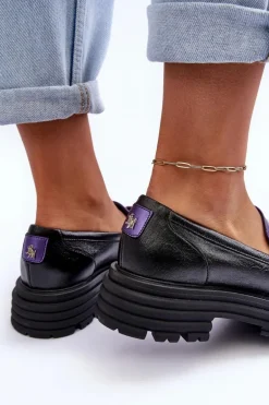 Półbuty Loafersy Damskie Skórzane Na Płaskim Obcasie Czarno-Fioletowe Elkiza
