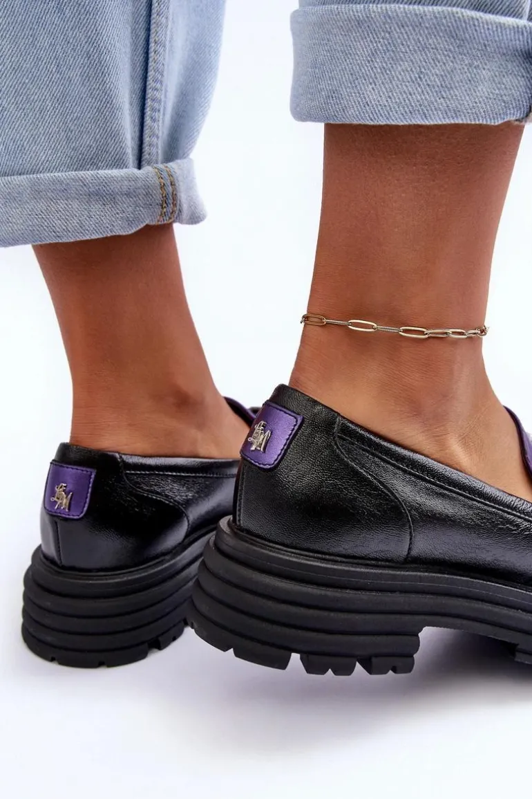 Półbuty Loafersy Damskie Skórzane Na Płaskim Obcasie Czarno-Fioletowe Elkiza