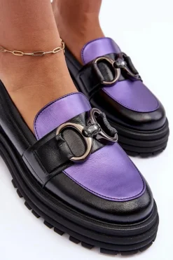 Półbuty Loafersy Damskie Skórzane Na Płaskim Obcasie Czarno-Fioletowe Elkiza