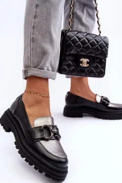 Półbuty Loafersy Damskie Skórzane Na Płaskim Obcasie Czarne Elkiza