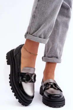 Półbuty Loafersy Damskie Skórzane Na Płaskim Obcasie Czarne Elkiza