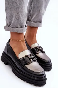 Półbuty Loafersy Damskie Skórzane Na Płaskim Obcasie Czarne Elkiza