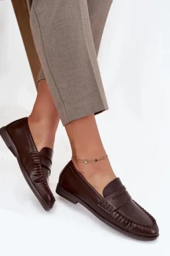 Półbuty Loafersy Damskie Z Eko Skóry Brązowe Lilith