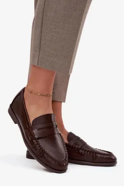 Półbuty Loafersy Damskie Z Eko Skóry Brązowe Lilith