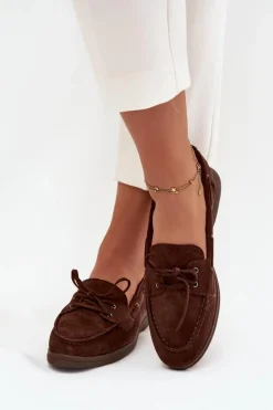Półbuty Mokasyny Damskie Płaskie Z Wiązaniem Czekoladowe Zalina