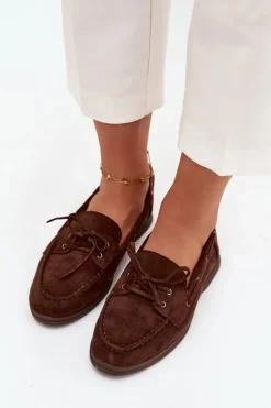 Półbuty Mokasyny Damskie Płaskie Z Wiązaniem Czekoladowe Zalina