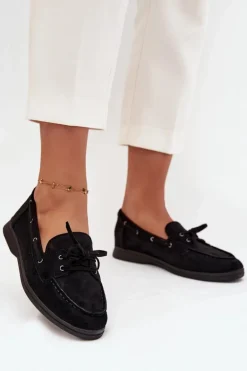 Półbuty Mokasyny Damskie Płaskie Z Wiązaniem Czarne Zalina