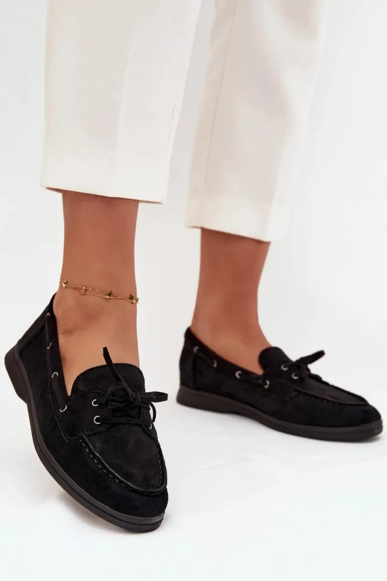 Półbuty Mokasyny Damskie Płaskie Z Wiązaniem Czarne Zalina