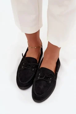 Półbuty Mokasyny Damskie Płaskie Z Wiązaniem Czarne Zalina