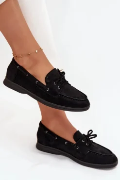 Półbuty Mokasyny Damskie Płaskie Z Wiązaniem Czarne Zalina