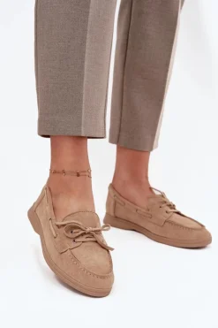 Półbuty Mokasyny Damskie Płaskie Z Wiązaniem Beżowe Zalina