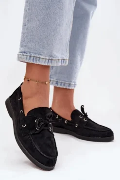 Półbuty Mokasyny Damskie Z Wiązaniem Czarne Calivra