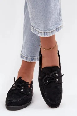 Półbuty Mokasyny Damskie Z Wiązaniem Czarne Calivra