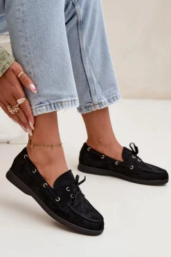 Półbuty Mokasyny Damskie Z Wiązaniem Czarne Calivra