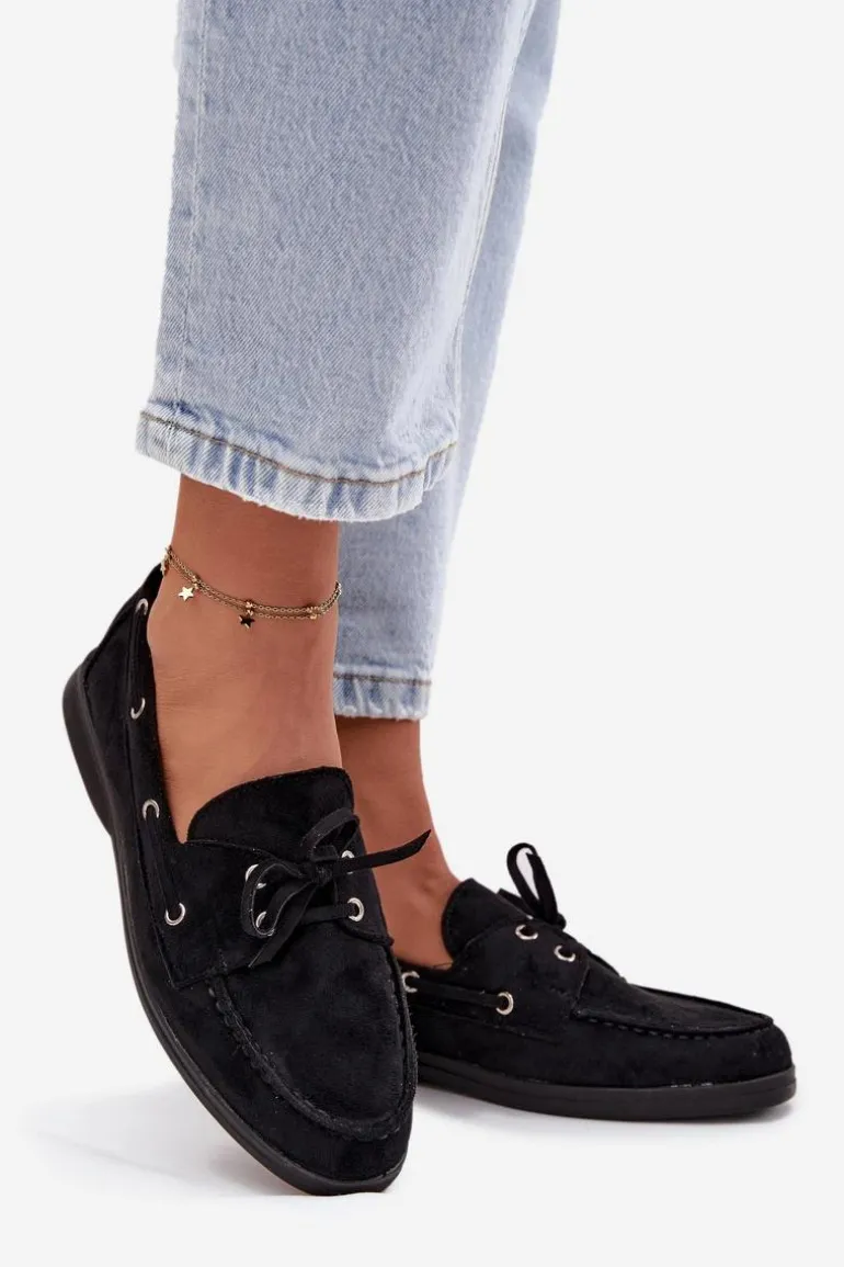 Półbuty Mokasyny Damskie Z Wiązaniem Czarne Calivra