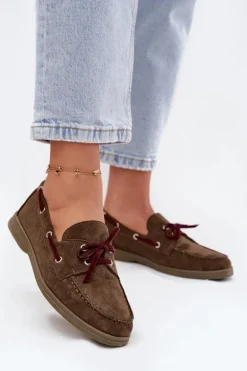 Półbuty Mokasyny Damskie Z Wiązaniem Ciemnozielone Calivra