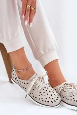 Półbuty Skórzane Damskie S.Barski LR51-610 Beżowe