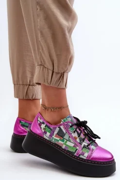 Półbuty Sneakersy Skórzane Damskie Na Platformie Maciejka 06479-15 Fuksja