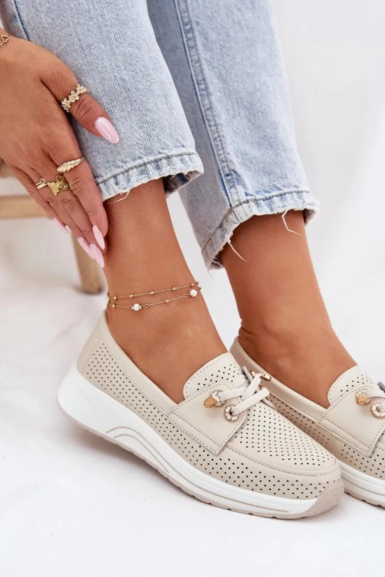 Półbuty Ze Skóry Naturalnej Na Platformie Artiker 56C2102 Beżowe