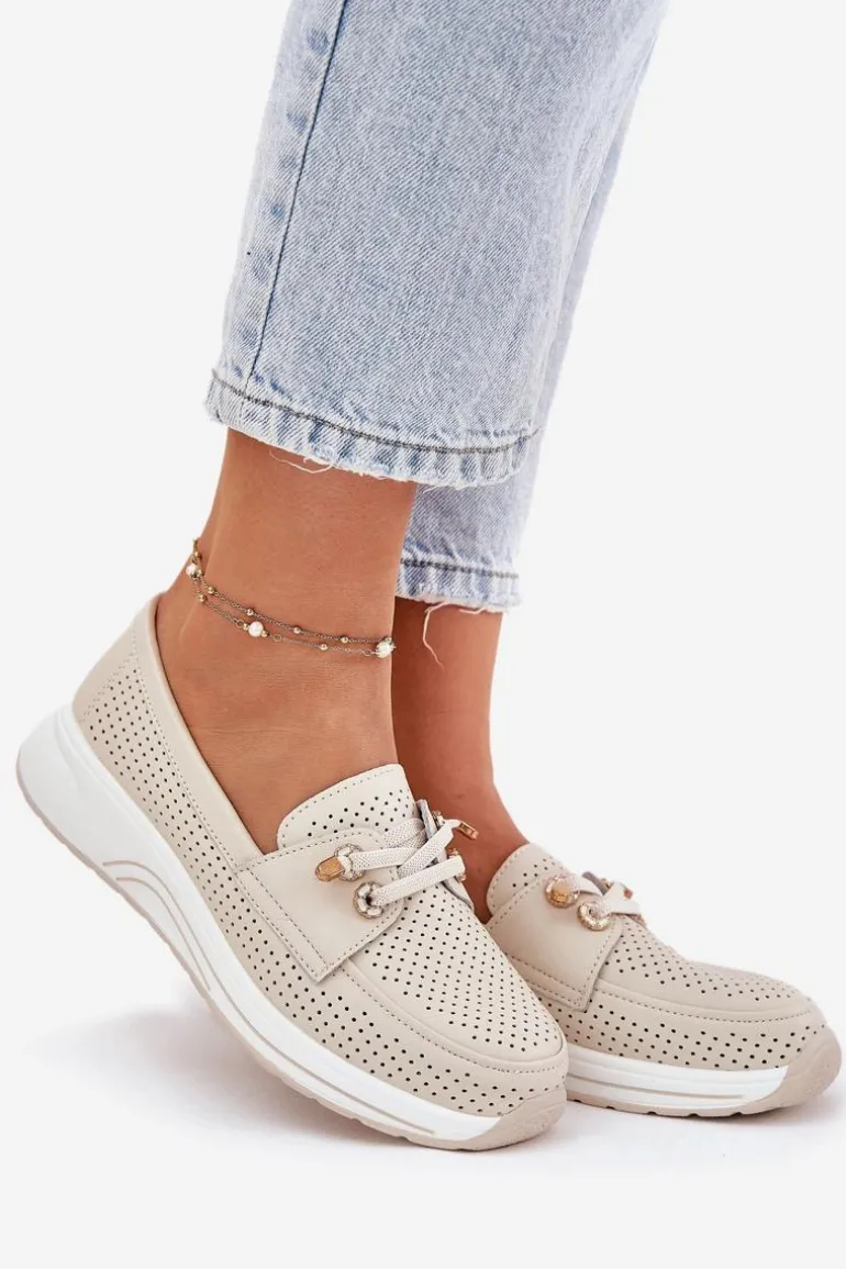 Półbuty Ze Skóry Naturalnej Na Platformie Artiker 56C2102 Beżowe