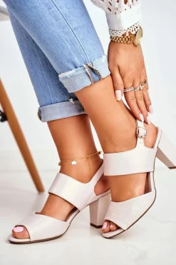 Perłowe Sandały Na Słupku Sergio Leone SK778 Beżowe