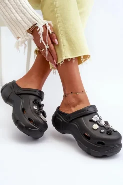 Piankowe Damskie Lekkie Klapki Na Masywnej Podeszwie Czarne Matirra