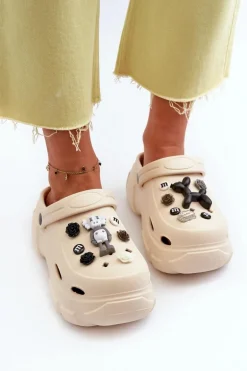 Piankowe Damskie Lekkie Klapki Na Masywnej Podeszwie Beżowe Matirra