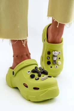 Piankowe Damskie Lekkie Klapki Na Masywnej Podeszwie Limonkowe Matirra