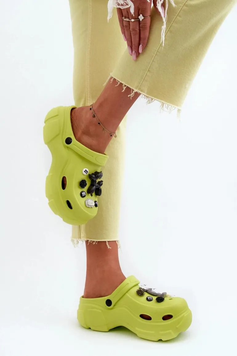 Piankowe Damskie Lekkie Klapki Na Masywnej Podeszwie Limonkowe Matirra