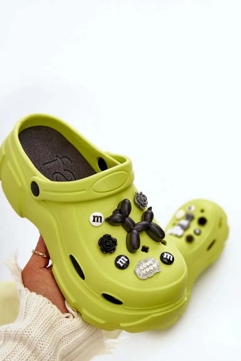 Piankowe Damskie Lekkie Klapki Na Masywnej Podeszwie Limonkowe Matirra