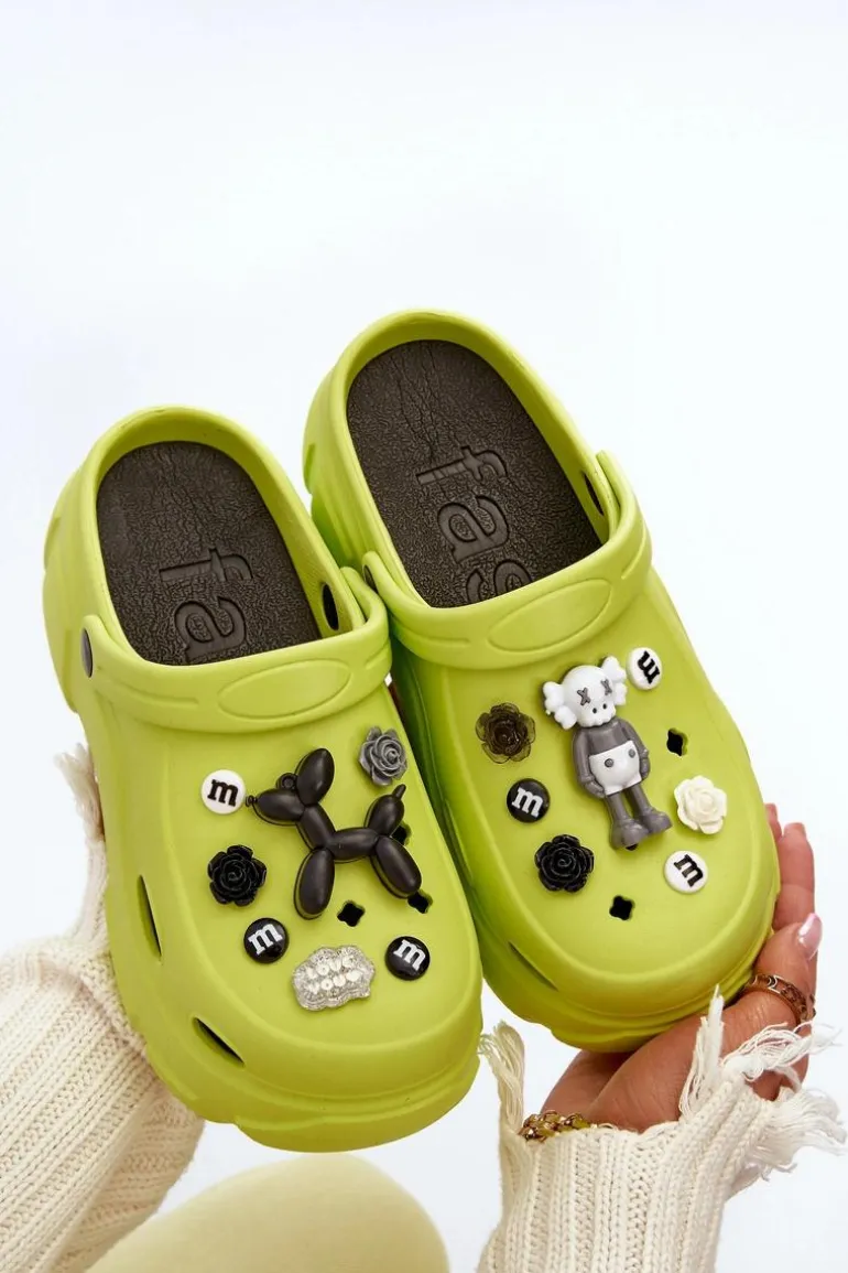 Piankowe Damskie Lekkie Klapki Na Masywnej Podeszwie Limonkowe Matirra