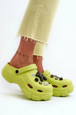 Piankowe Damskie Lekkie Klapki Na Masywnej Podeszwie Limonkowe Matirra